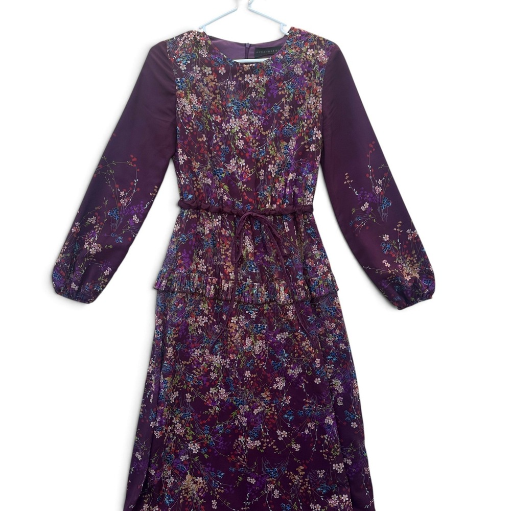 Annah Hariri Womens 34 Purple Floral Maxi Dress Pleated Long Sleeve Modest